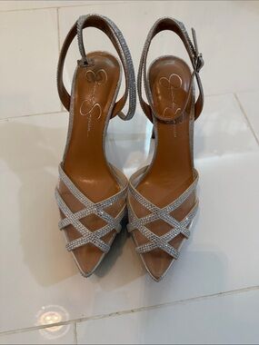 Jessica Simpson Silver Crystal Strappy Slingback Heels